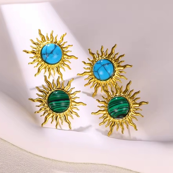 Malachite Sun 18K Gold Stainless Steel Waterproof Earrings - Picture 3 of 4